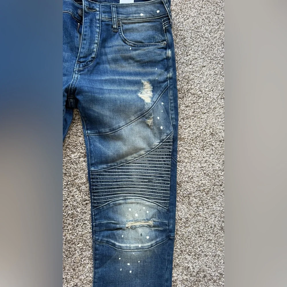 True Religion Distressed Blue Biker Jeans with Paint Splatter